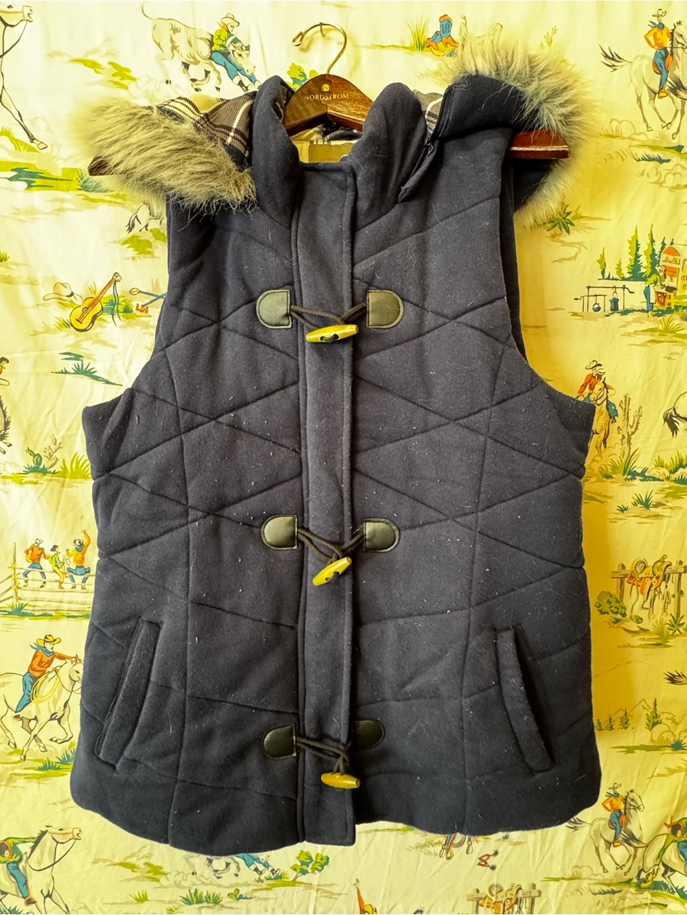 Maurices Navy Quilted Hooded Toggle Vest with Faux Fur Trim XL